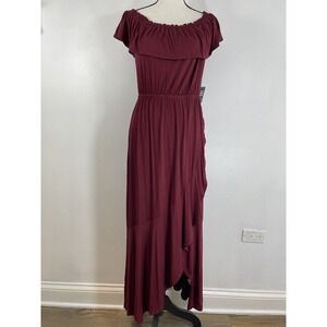 Express small Off the Shoulder Smocked Ruffle Maxi Dress buegundy new